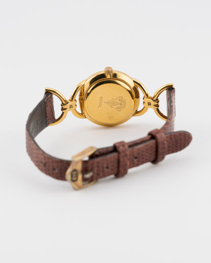80s GUCCI 6000L Gold Horsebit Watch w/Brown Leather Band