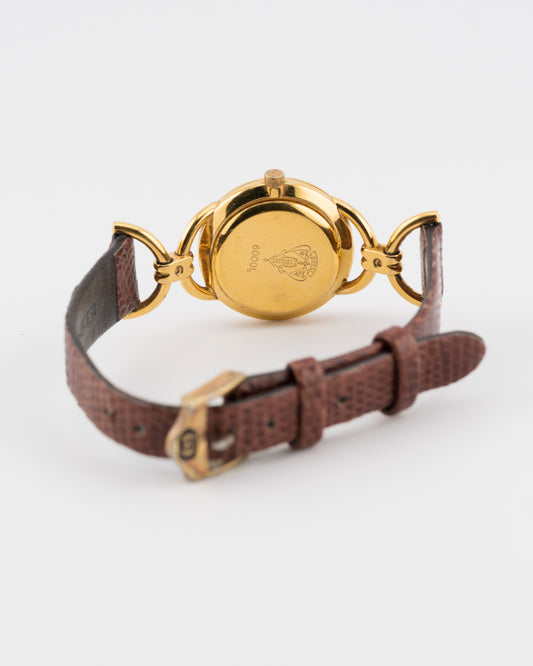 80s GUCCI 6000L Gold Horsebit Watch w/Brown Leather Band