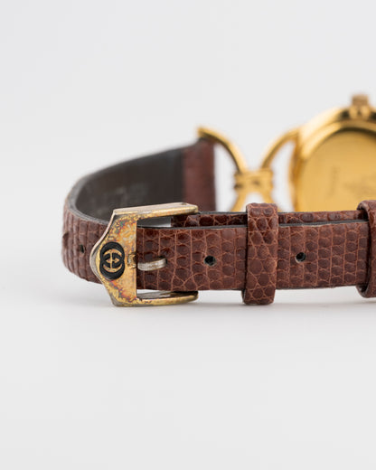 80s GUCCI 6000L Gold Horsebit Watch w/Brown Leather Band