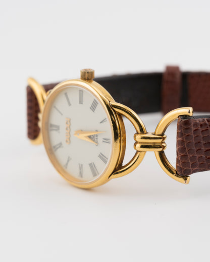 80s GUCCI 6000L Gold Horsebit Watch w/Brown Leather Band