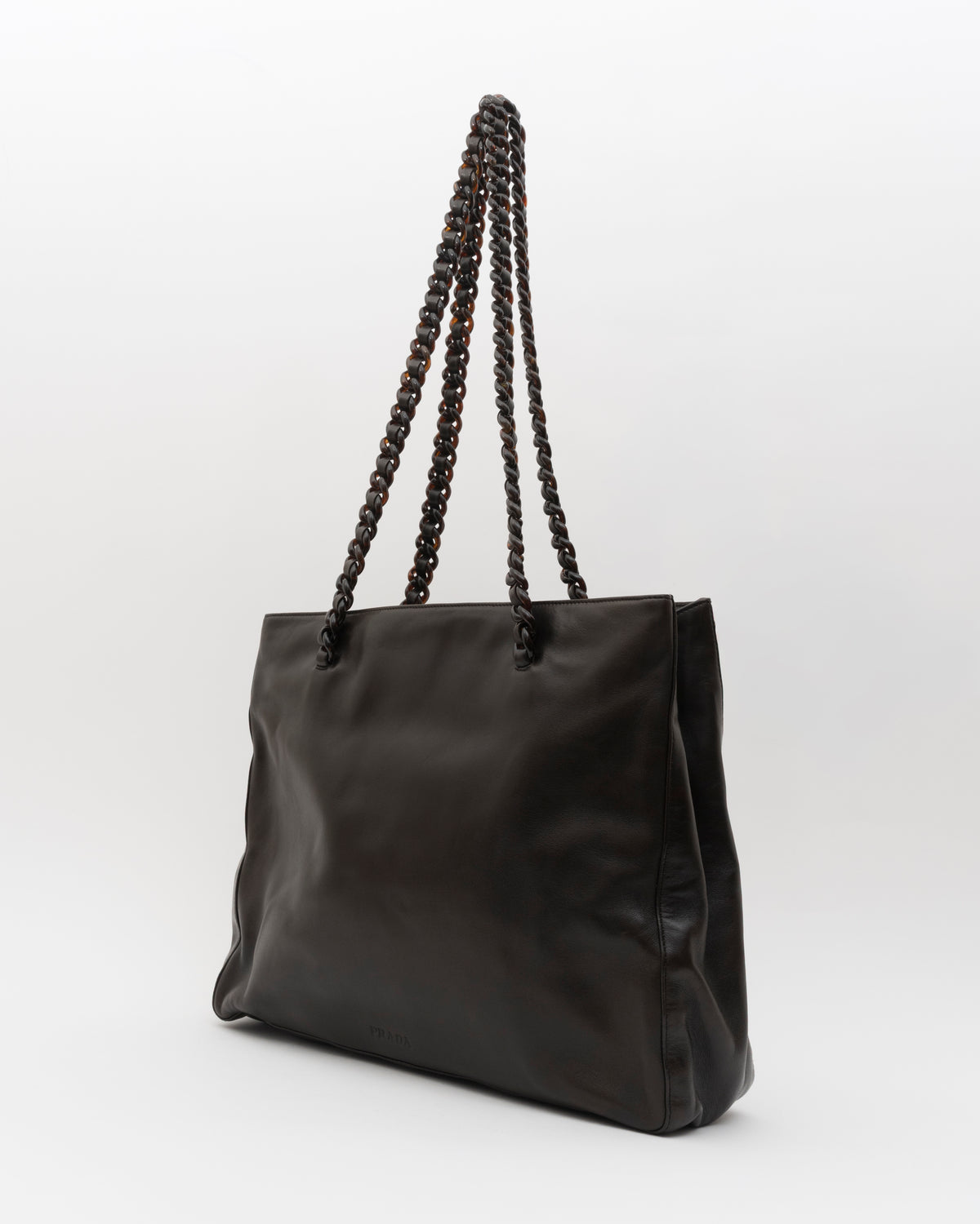 90s PRADA Deep Brown Nappa Leather Tortoiseshell Chain Tote