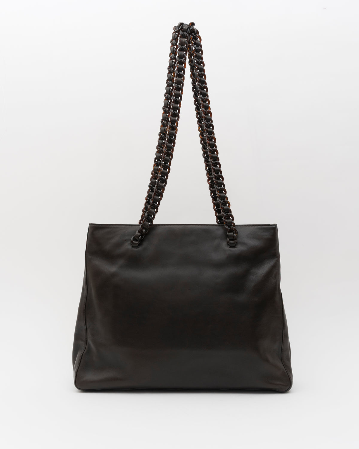 90s PRADA Deep Brown Nappa Leather Tortoiseshell Chain Tote