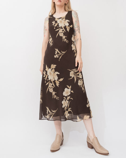 Vintage Brown Floral Chiffon Dress (S-L)