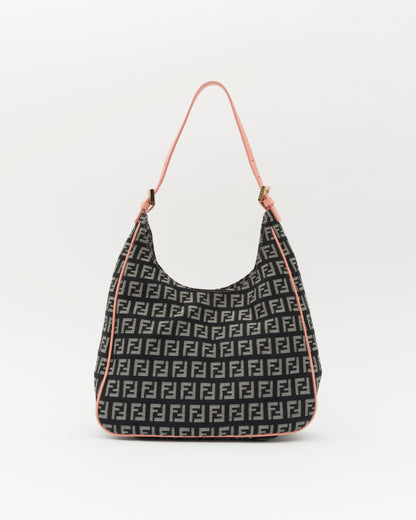 2000s FENDI Navy Zucchino Canvas Hobo Bag w/Pink Leather Trim