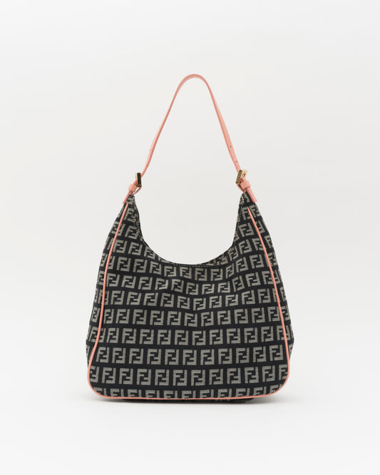 2000s FENDI Navy Zucchino Canvas Hobo Bag w/Pink Leather Trim