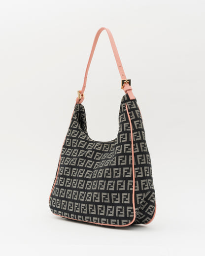 2000s FENDI Navy Zucchino Canvas Hobo Bag w/Pink Leather Trim