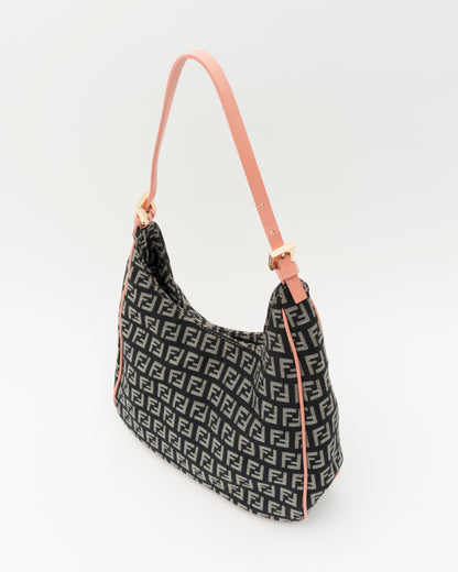2000s FENDI Navy Zucchino Canvas Hobo Bag w/Pink Leather Trim