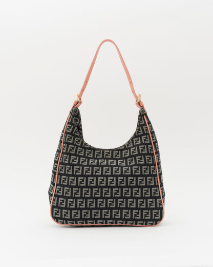 2000s FENDI Navy Zucchino Canvas Hobo Bag w/Pink Leather Trim