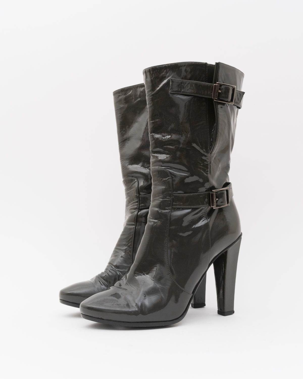 2000s JIMMY CHOO Olive Patent Leather Booties (38)