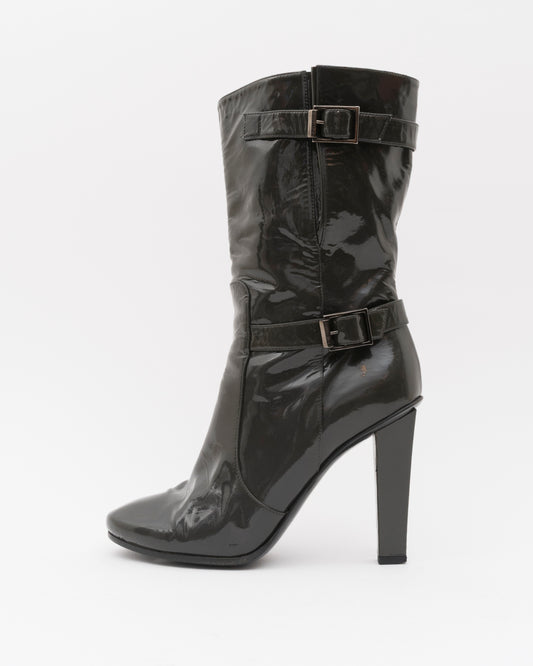 2000s JIMMY CHOO Olive Patent Leather Booties (38)