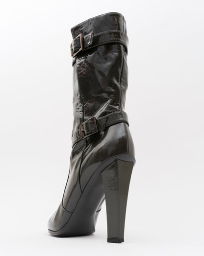 2000s JIMMY CHOO Olive Patent Leather Booties (38)