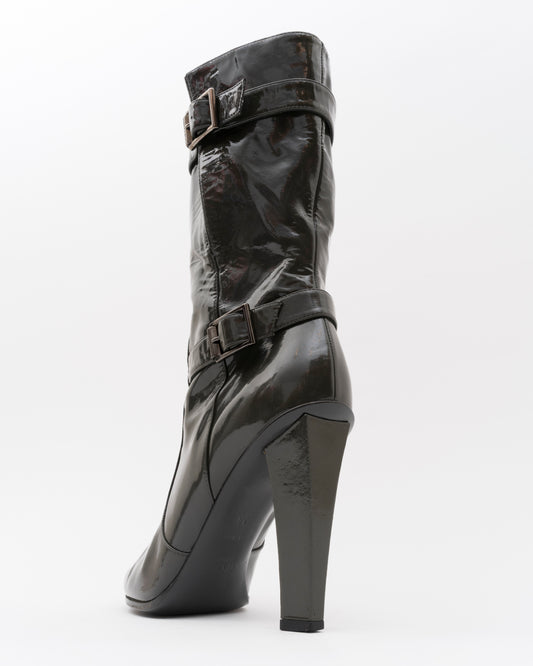 2000s JIMMY CHOO Olive Patent Leather Booties (38)