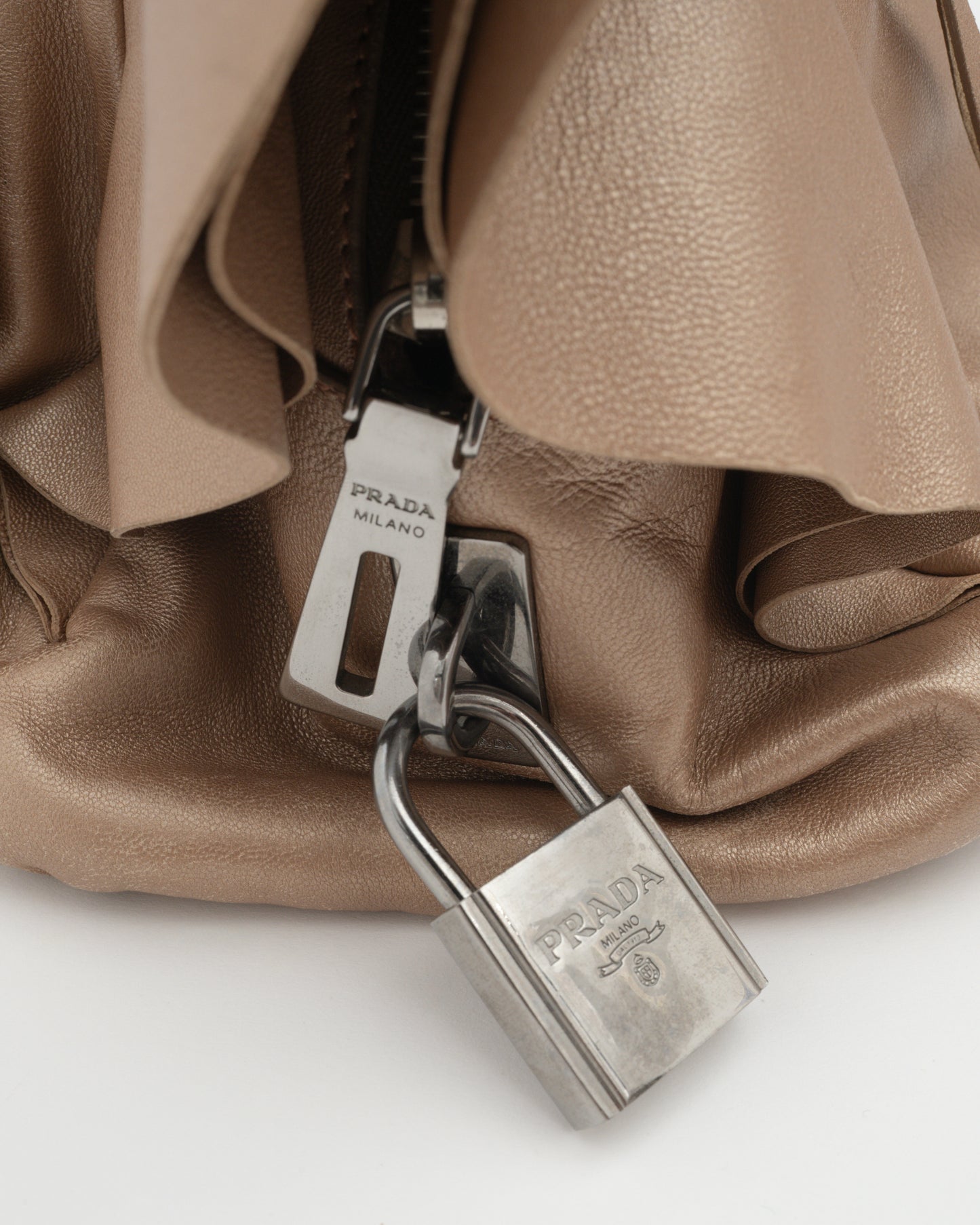 FW2008 PRADA Bronze Metallic Ruffle Bauletto Bag w/Padlock (as is)