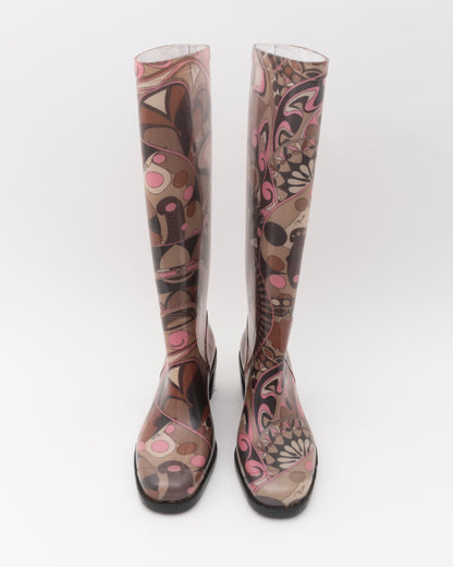 90s PUCCI Heeled Printed Rubber Rain Boots (38)