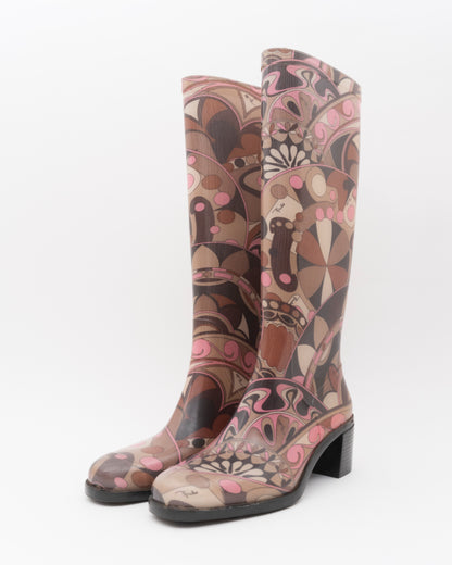 90s PUCCI Heeled Printed Rubber Rain Boots (38)