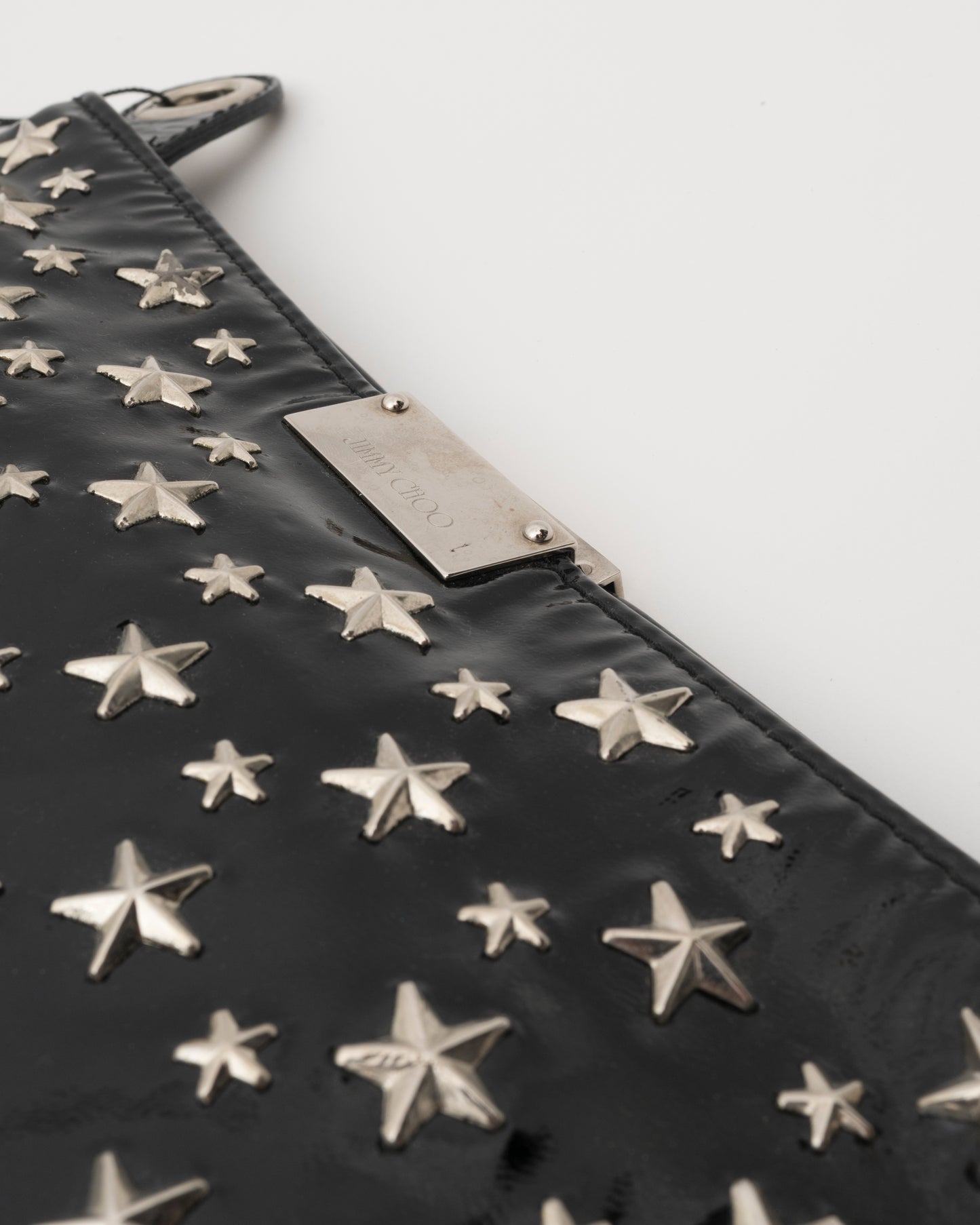 2000s JIMMY CHOO Black Patent Leather Star Studded Clutch