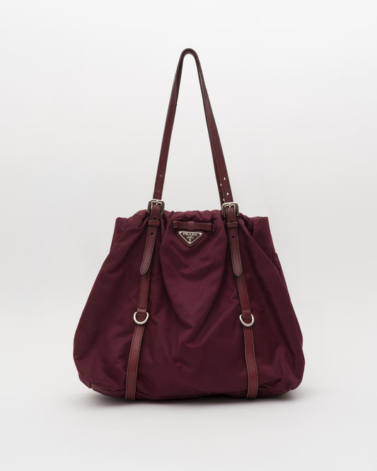 90s PRADA Tessuto Maroon Drawstring Bag