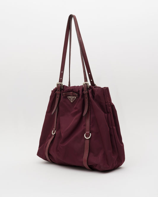 90s PRADA Tessuto Maroon Drawstring Bag