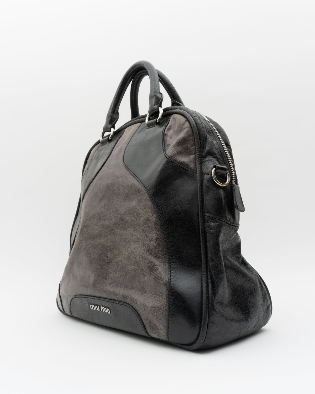 2000s MIU MIU Distressed Two-Tone Leather Bowler Bag