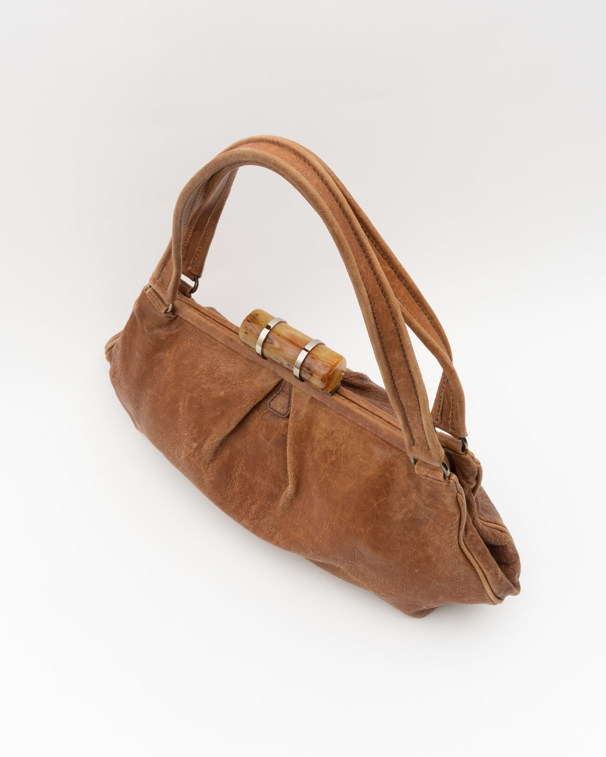 90s Rare MIU MIU Tortoiseshell Resin Clasp Tan Leather Frame Bag