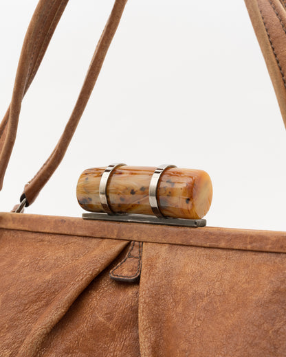 90s Rare MIU MIU Tortoiseshell Resin Clasp Tan Leather Frame Bag