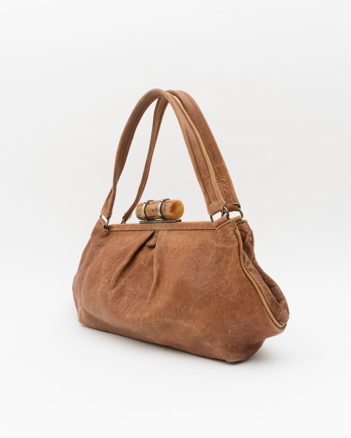 90s Rare MIU MIU Tortoiseshell Resin Clasp Tan Leather Frame Bag