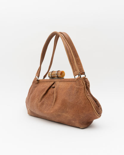 90s Rare MIU MIU Tortoiseshell Resin Clasp Tan Leather Frame Bag