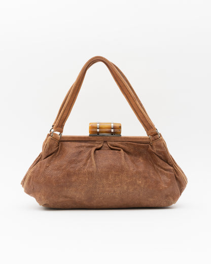 90s Rare MIU MIU Tortoiseshell Resin Clasp Tan Leather Frame Bag