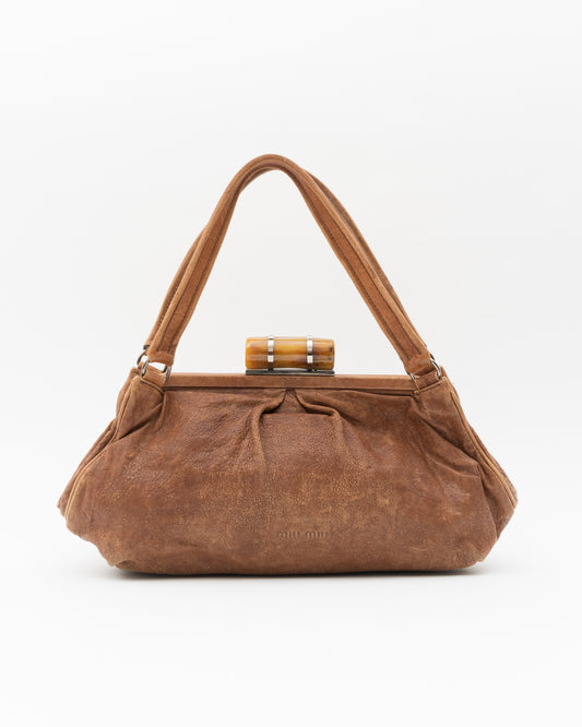 90s Rare MIU MIU Tortoiseshell Resin Clasp Tan Leather Frame Bag