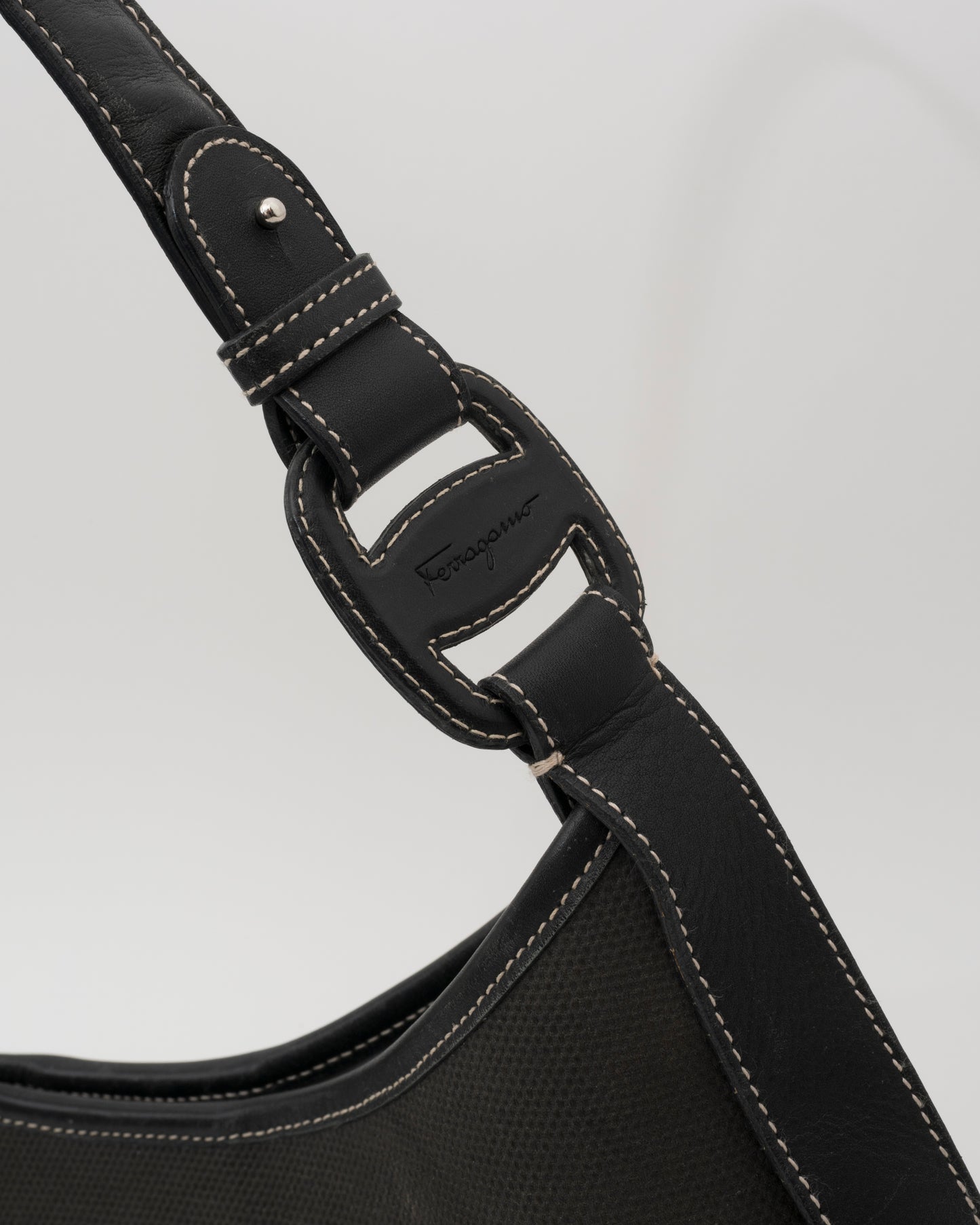 2000s SALVATORE FERRAGAMO Black Canvas + Leather Hobo Bag