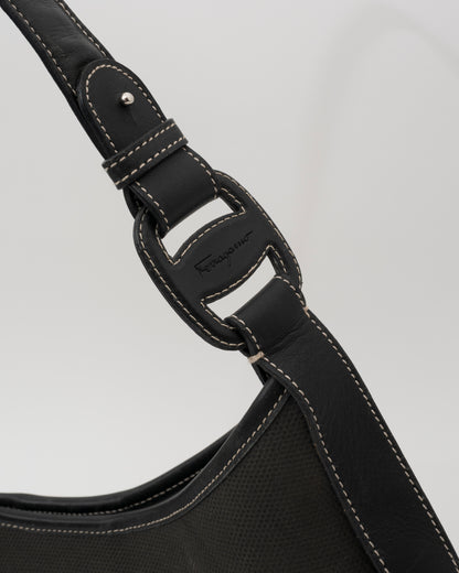 2000s SALVATORE FERRAGAMO Black Canvas + Leather Hobo Bag