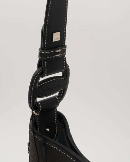 2000s SALVATORE FERRAGAMO Black Canvas + Leather Hobo Bag
