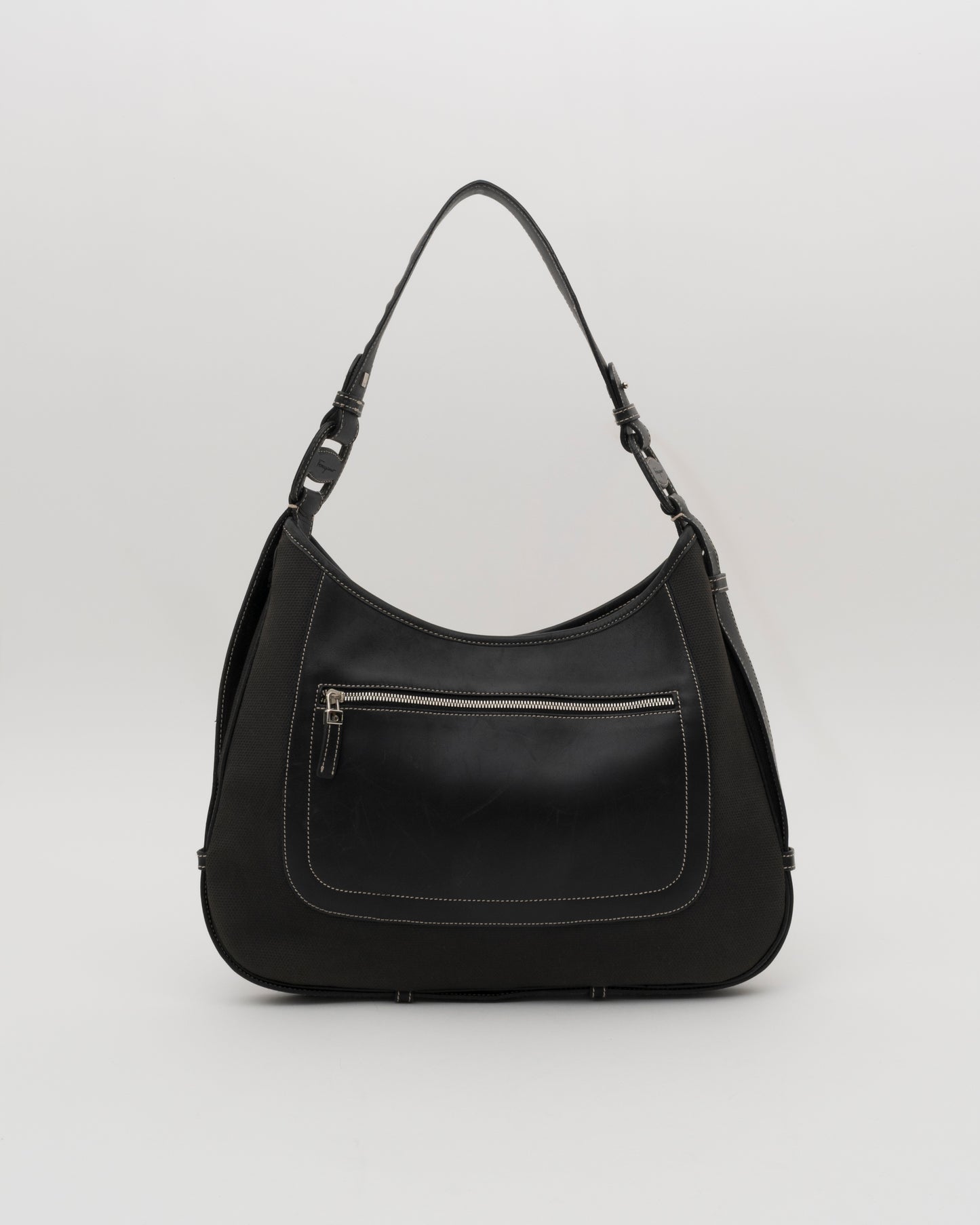 2000s SALVATORE FERRAGAMO Black Canvas + Leather Hobo Bag