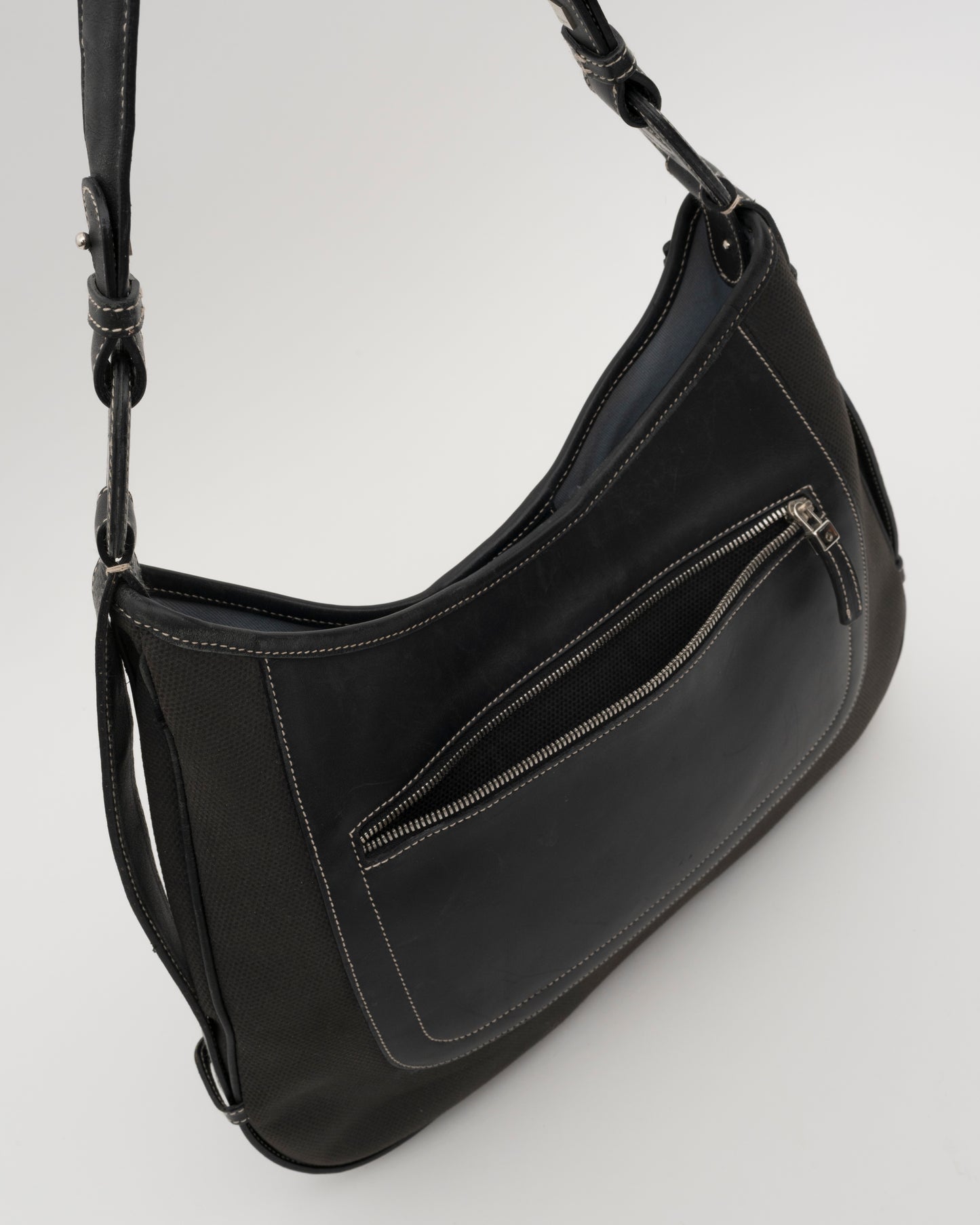 2000s SALVATORE FERRAGAMO Black Canvas + Leather Hobo Bag