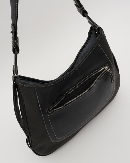 2000s SALVATORE FERRAGAMO Black Canvas + Leather Hobo Bag