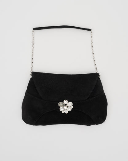 2000s SWAROVSKI Black Suede Crystal Shoulder Bag