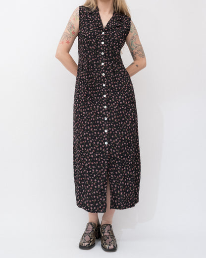 Vintage Black Floral Sleeveless Shirt Dress (M)