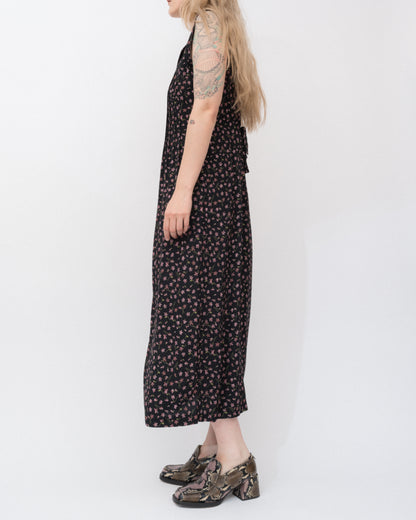 Vintage Black Floral Sleeveless Shirt Dress (M)