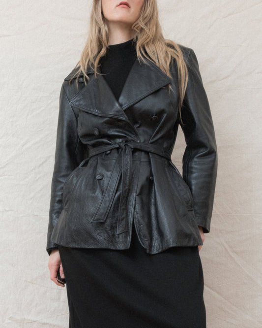 Vintage Black Leather Trench Jacket (S/M)