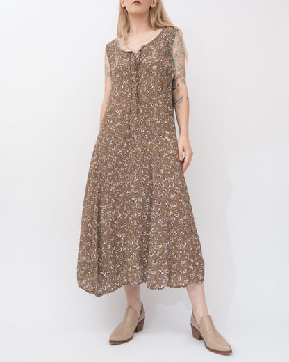 Vintage Beige Floral Crinkle Dress (S-XL)