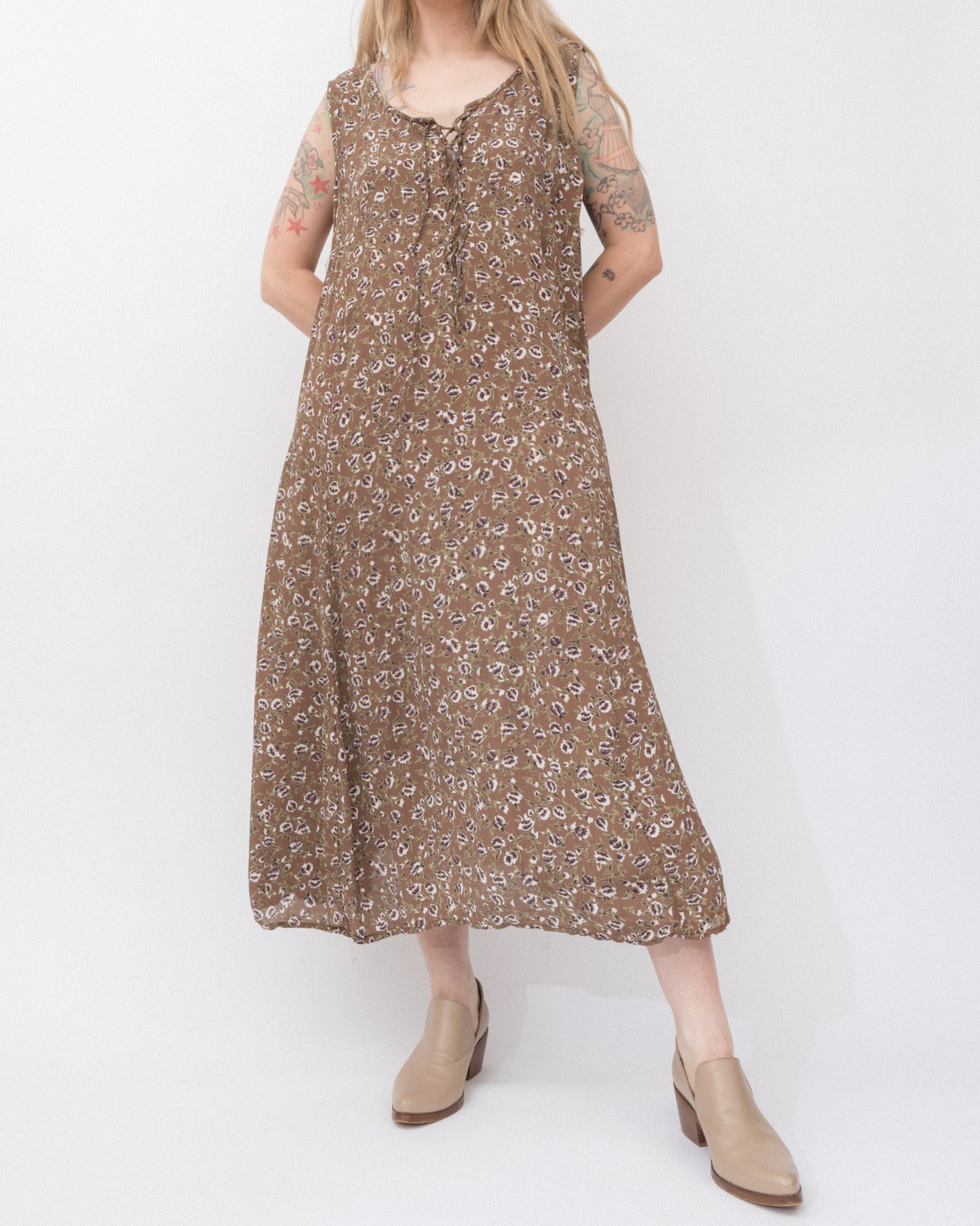 Vintage Beige Floral Crinkle Dress (S-XL)