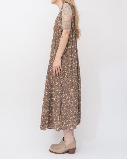 Vintage Beige Floral Crinkle Dress (S-XL)