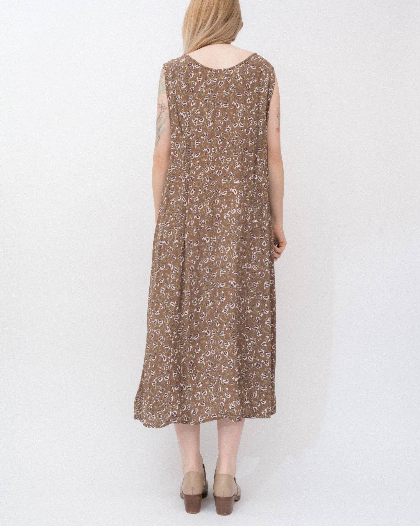 Vintage Beige Floral Crinkle Dress (S-XL)