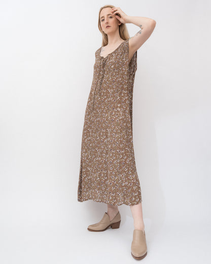 Vintage Beige Floral Crinkle Dress (S-XL)