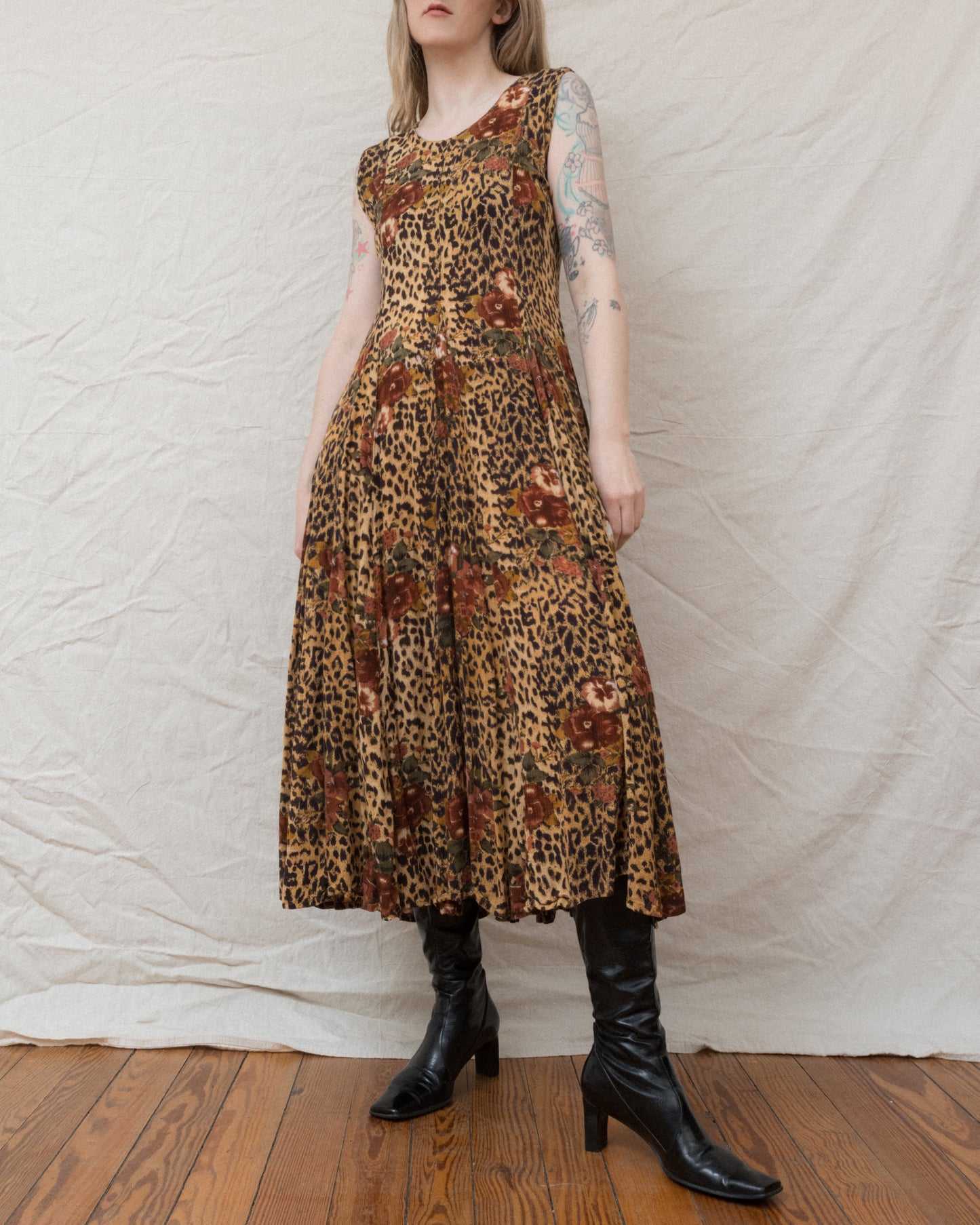 Vintage Leopard Floral Crinkle Dress (S/M)