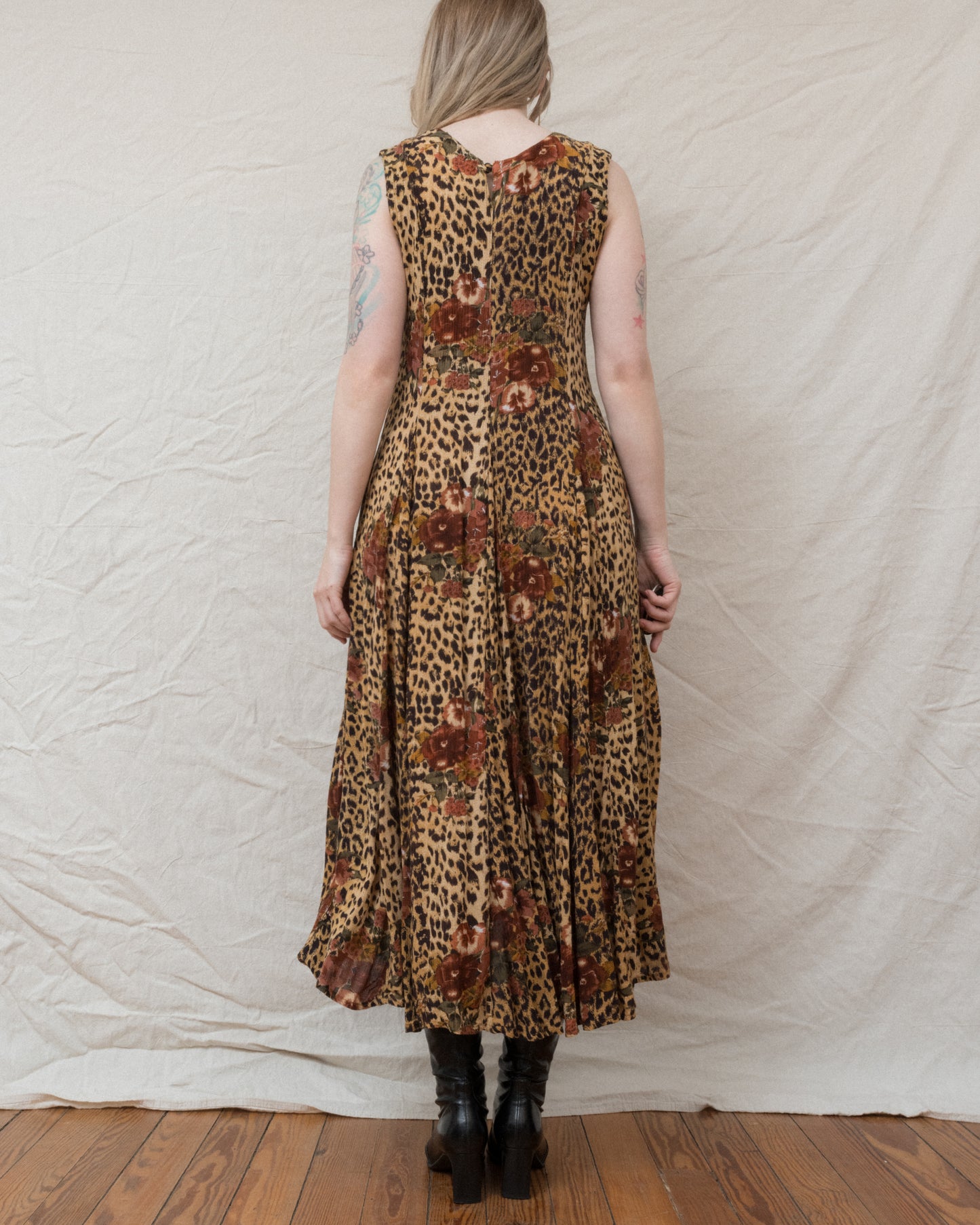 Vintage Leopard Floral Crinkle Dress (S/M)