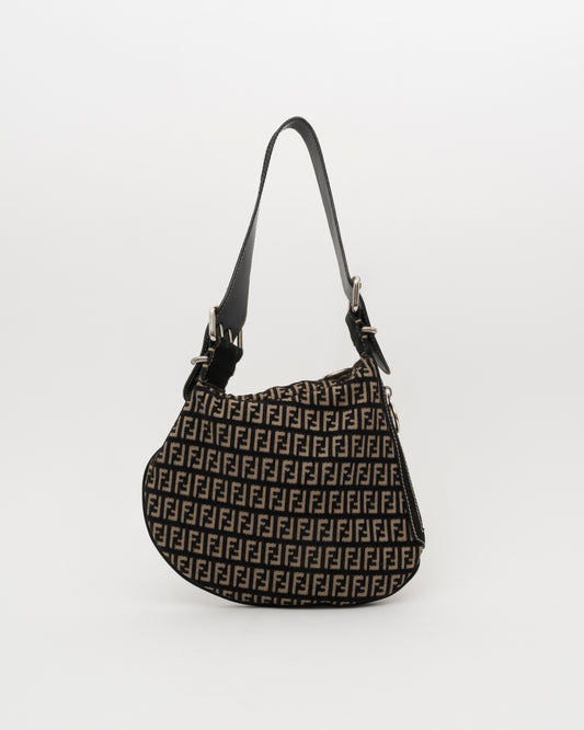 2000s FENDI Zucca Monogram Black Velvet & Canvas Hobo Bag