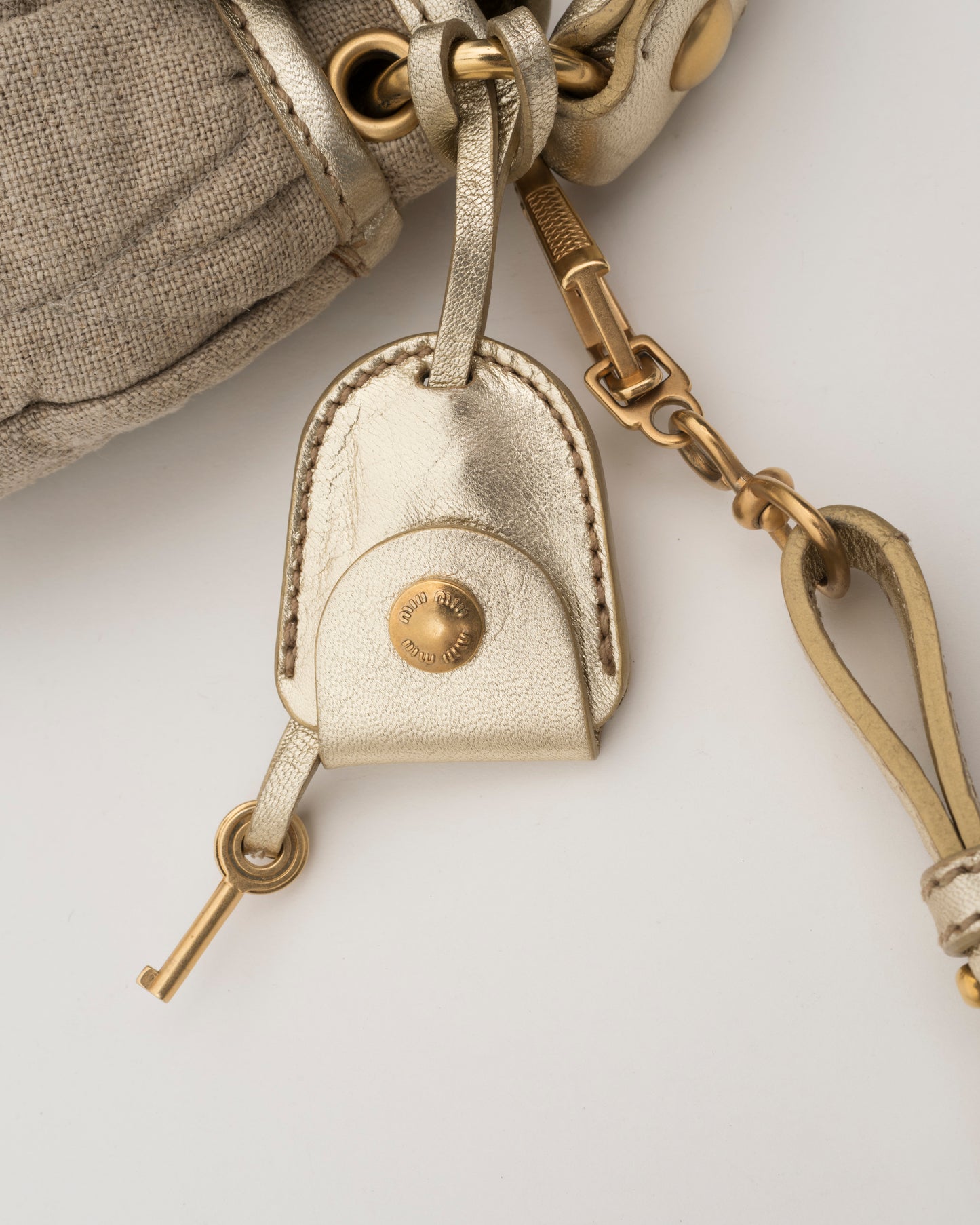 2000s MIU MIU Beige Canvas & Gold Metallic Leather Mini Coffer Bag