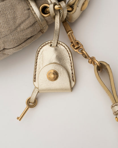 2000s MIU MIU Beige Canvas & Gold Metallic Leather Mini Coffer Bag
