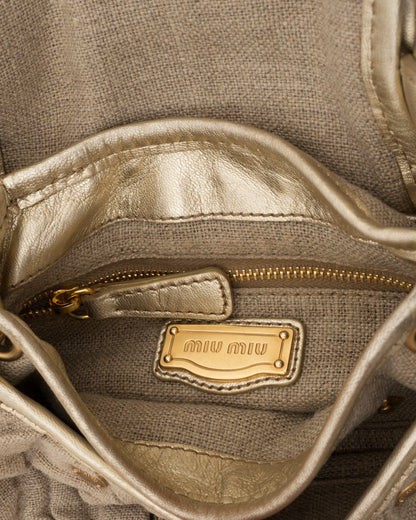 2000s MIU MIU Beige Canvas & Gold Metallic Leather Mini Coffer Bag